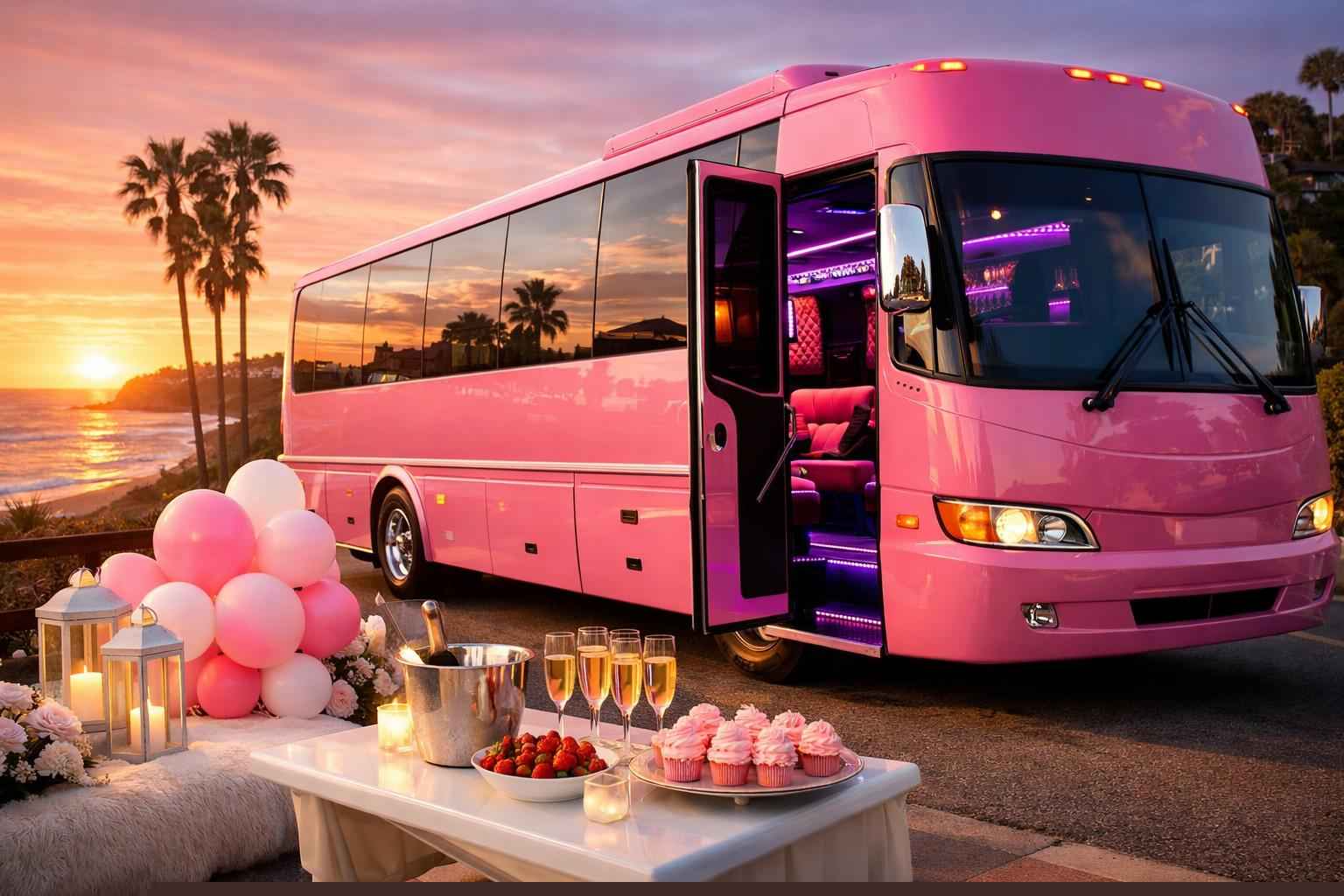 Pink Party Bus Rental In Del Mar California Del Mar California Pink Party Bus Rental