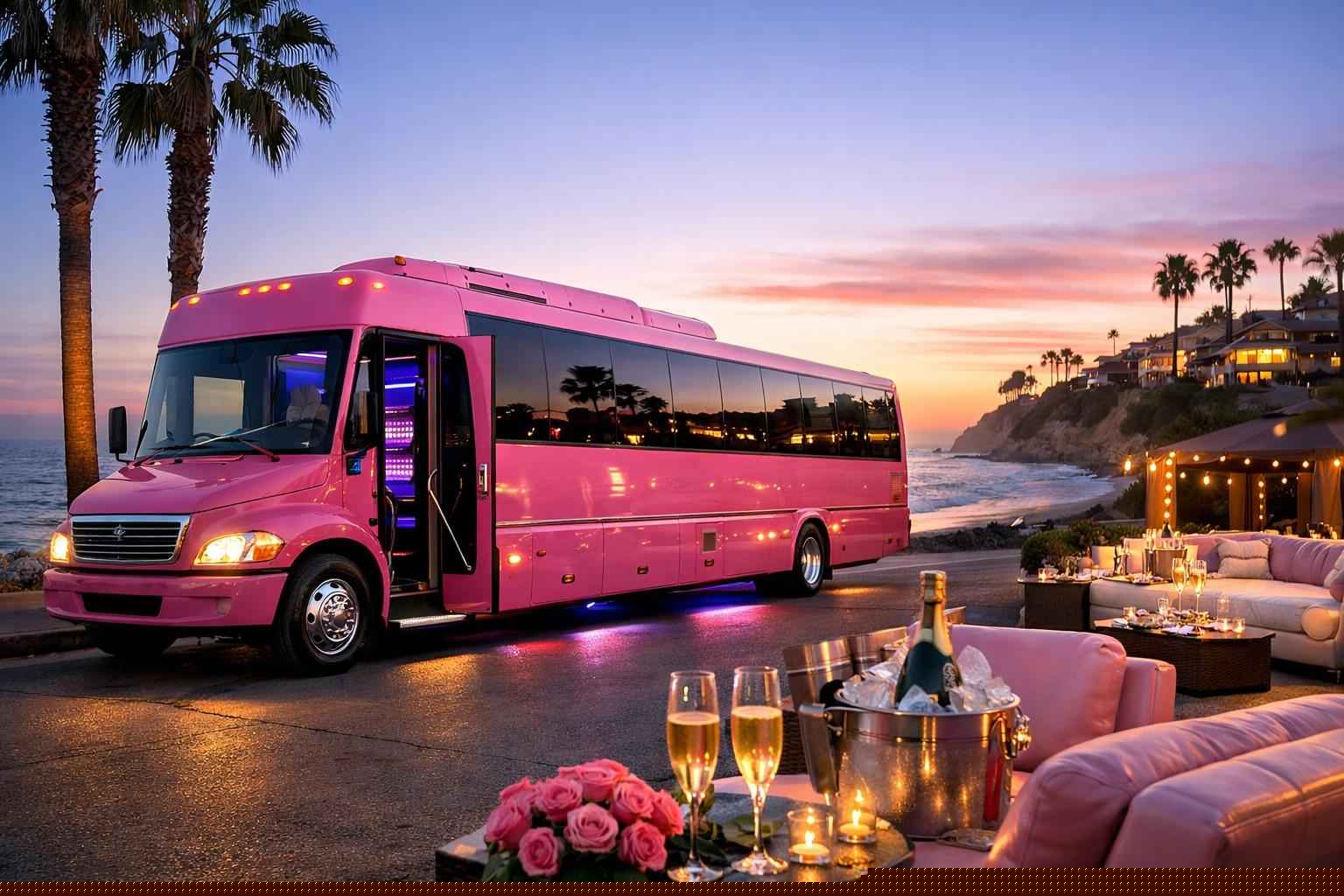 Luxury Pink Party Bus Rental In Solana Beach California