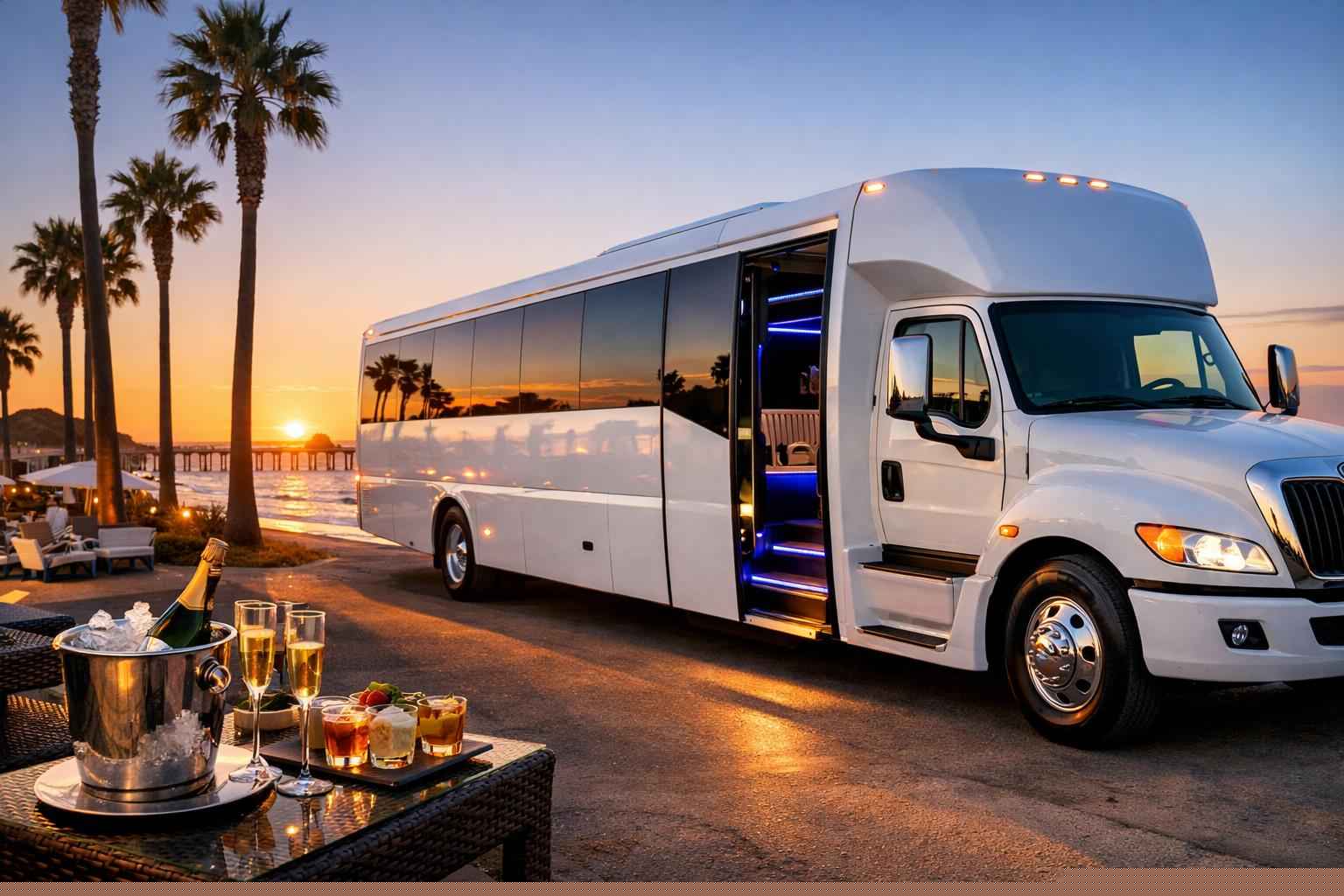 Luxury White Party Bus Rental In Oceanside California