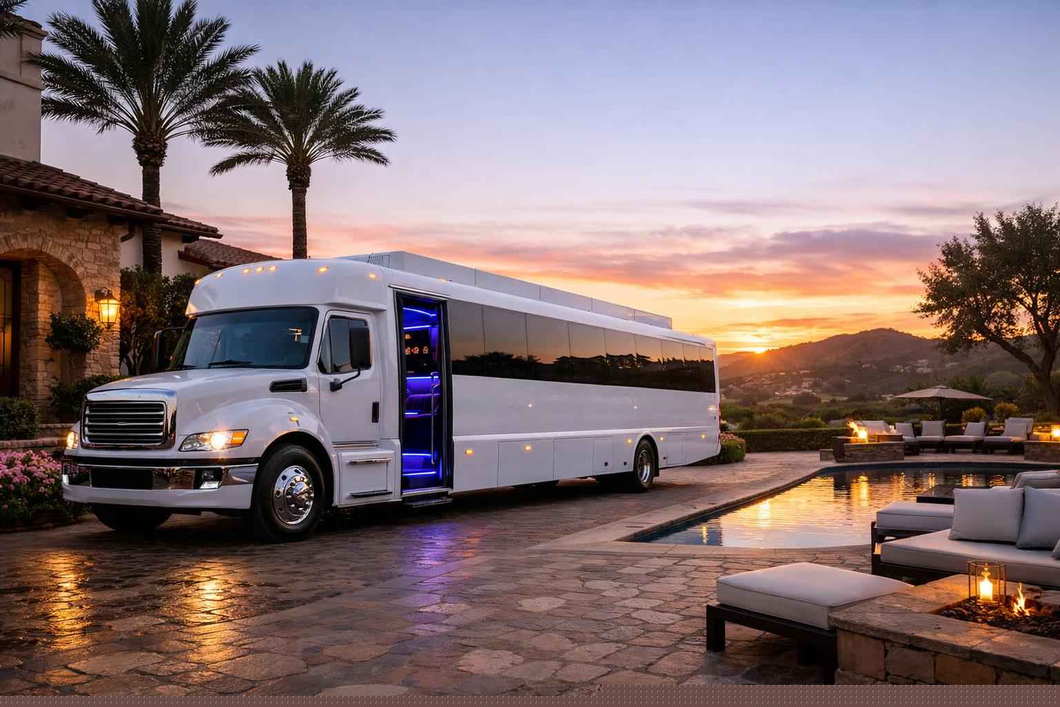 Luxury White Party Bus Rental In Rancho Santa Fe California