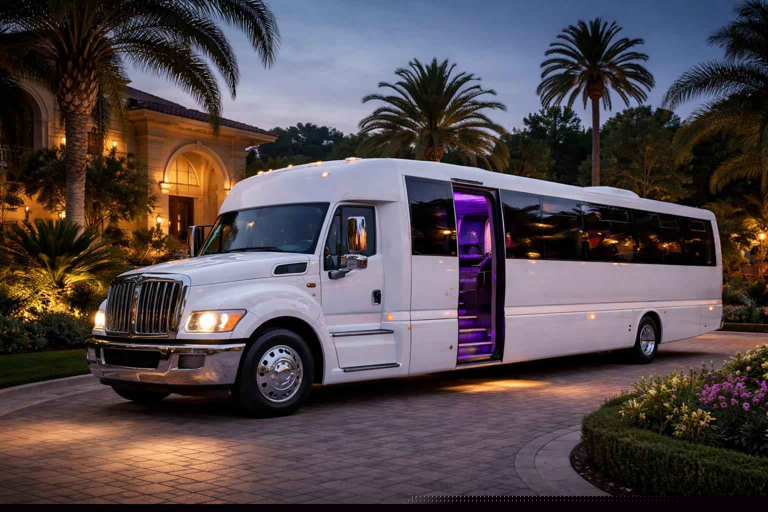 Luxury White Party Bus Rental In Fairbanks Ranch Ca