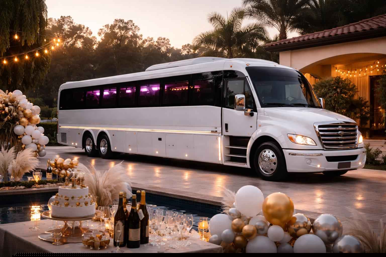 White Birthday Party Bus Rental Eucalyptus Hills