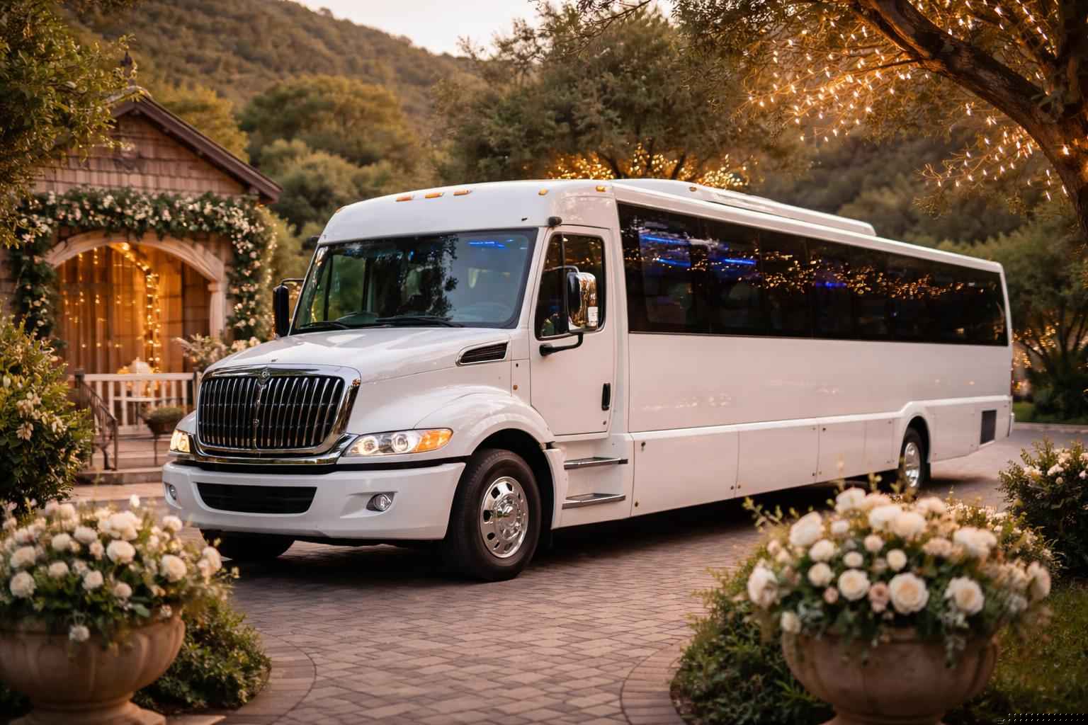 White Wedding Party Bus Rental Harbison Canyon CA