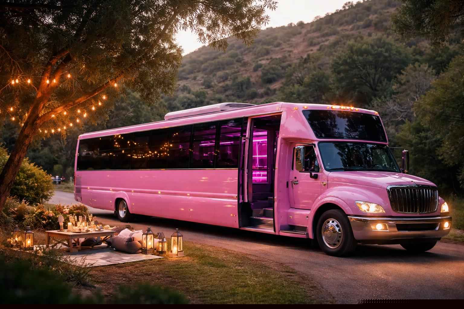 Luxury Pink Party Bus Rental In Elfin Forest