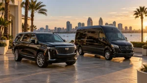 Black luxury SUV and passenger van by San Diego Bay, illustrating San Diego Food and Wine Festival transportation
