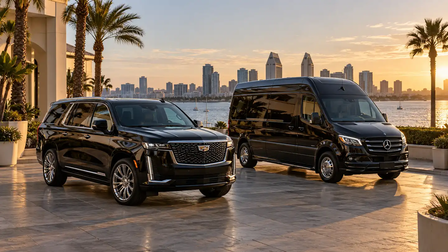 Black luxury SUV and passenger van by San Diego Bay, illustrating San Diego Food and Wine Festival transportation